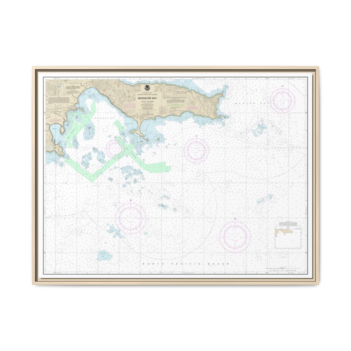 Chart 16432 Massacre Bay - NOAA Nautical Chart Floating Frame Canvas | 32" x 24" | 40" x 30" - Natural front