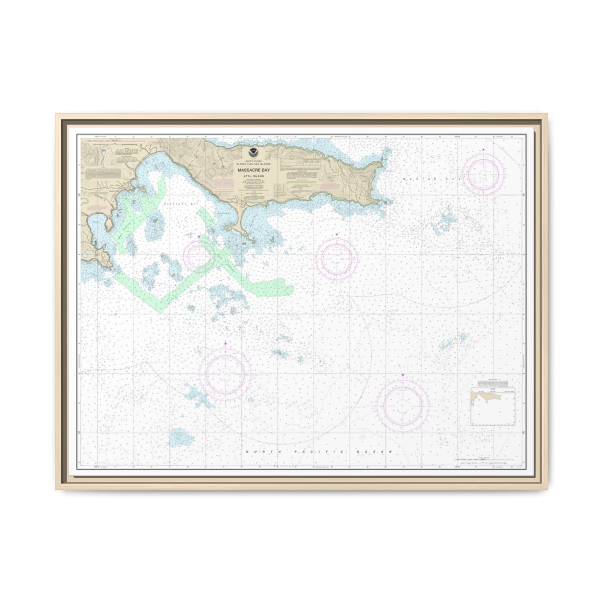 Chart 16432 Massacre Bay - NOAA Nautical Chart Floating Frame Canvas | 32" x 24" | 40" x 30" - Natural front