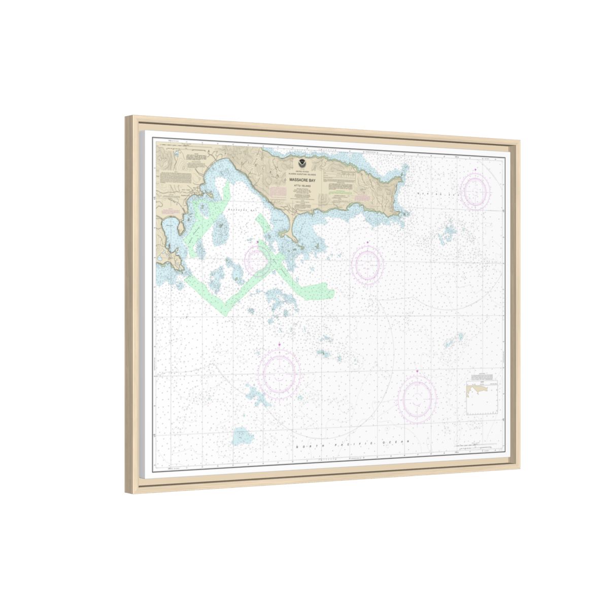 Chart 16432 Massacre Bay - NOAA Nautical Chart Floating Frame Canvas | 32" x 24" | 40" x 30" - Natural side