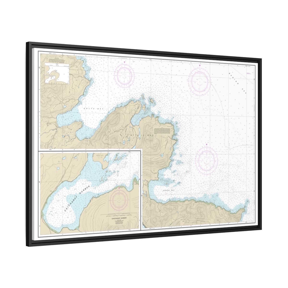 Chart 16433 Sarana Bay to Holtz Bay;Chichagof Harbor - NOAA Nautical Chart Floating Frame Canvas | 30" x 20" | 36" x 24" | 48" x 32" - Black side