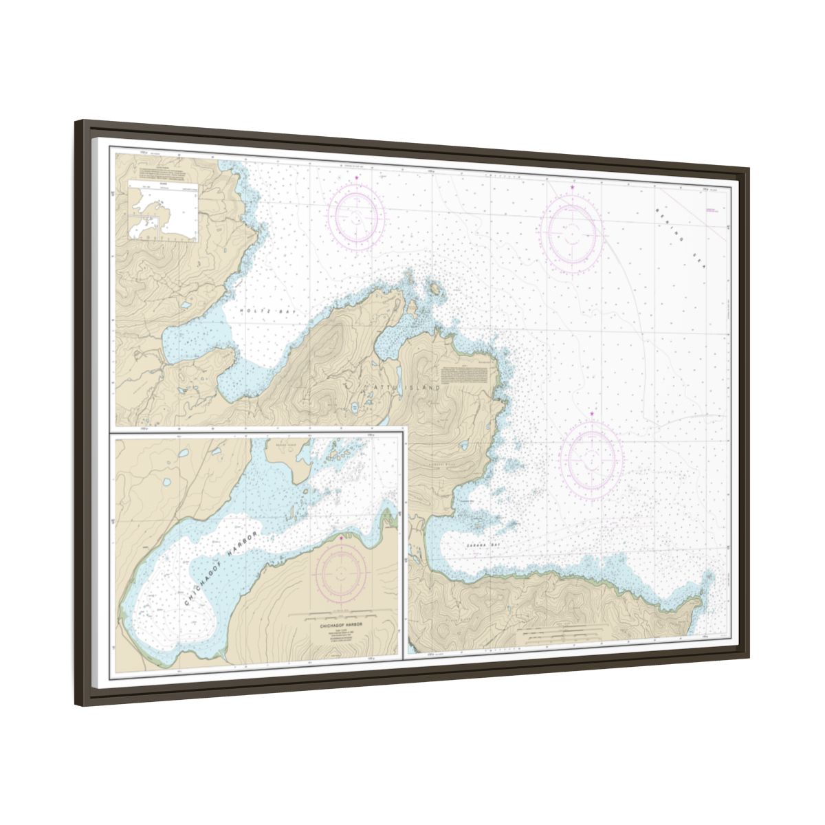 Chart 16433 Sarana Bay to Holtz Bay;Chichagof Harbor - NOAA Nautical Chart Floating Frame Canvas | 30" x 20" | 36" x 24" | 48" x 32" - Espresso side