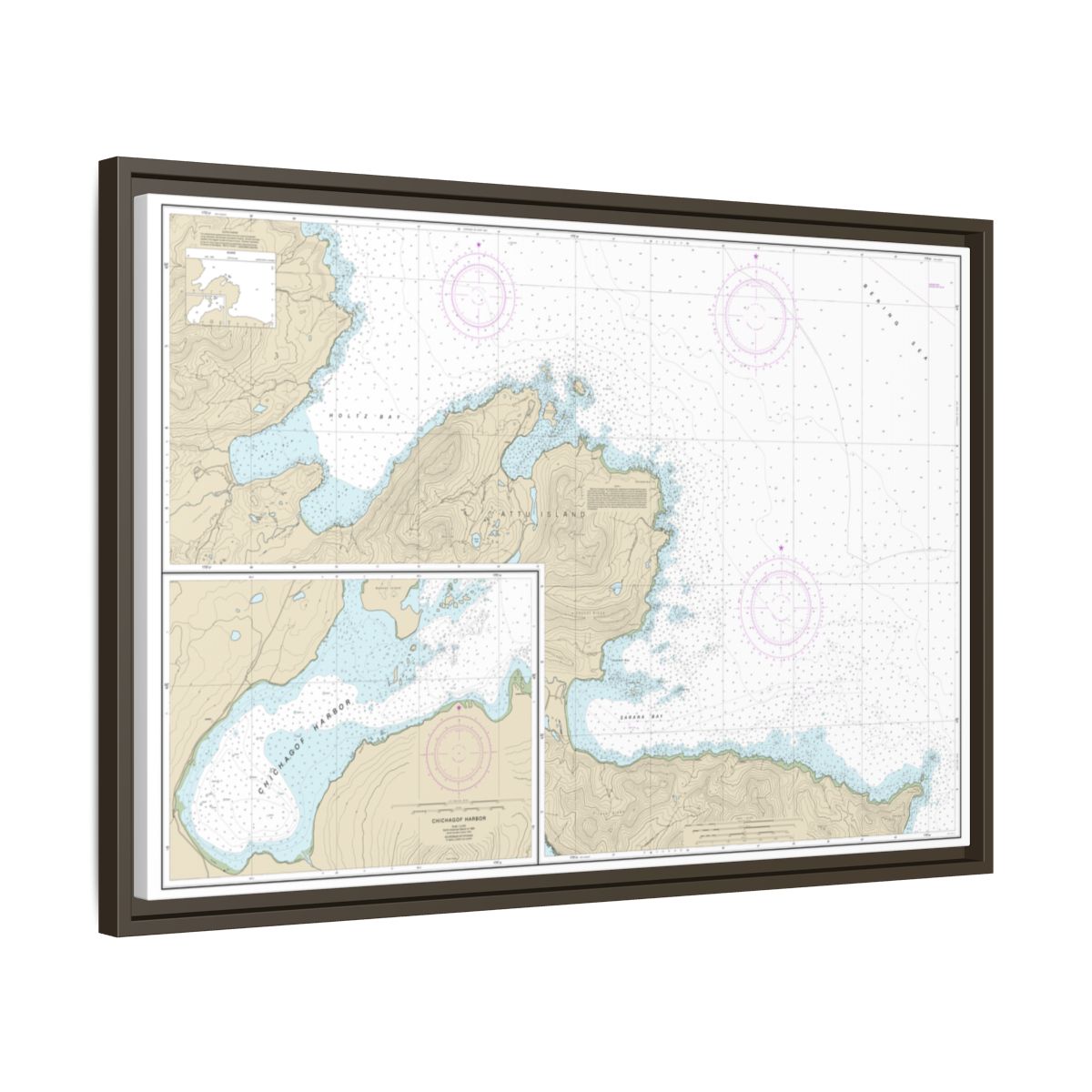 Chart 16433 Sarana Bay to Holtz Bay;Chichagof Harbor - NOAA Nautical Chart Floating Frame Canvas | 30" x 20" | 36" x 24" | 48" x 32" - Espresso side