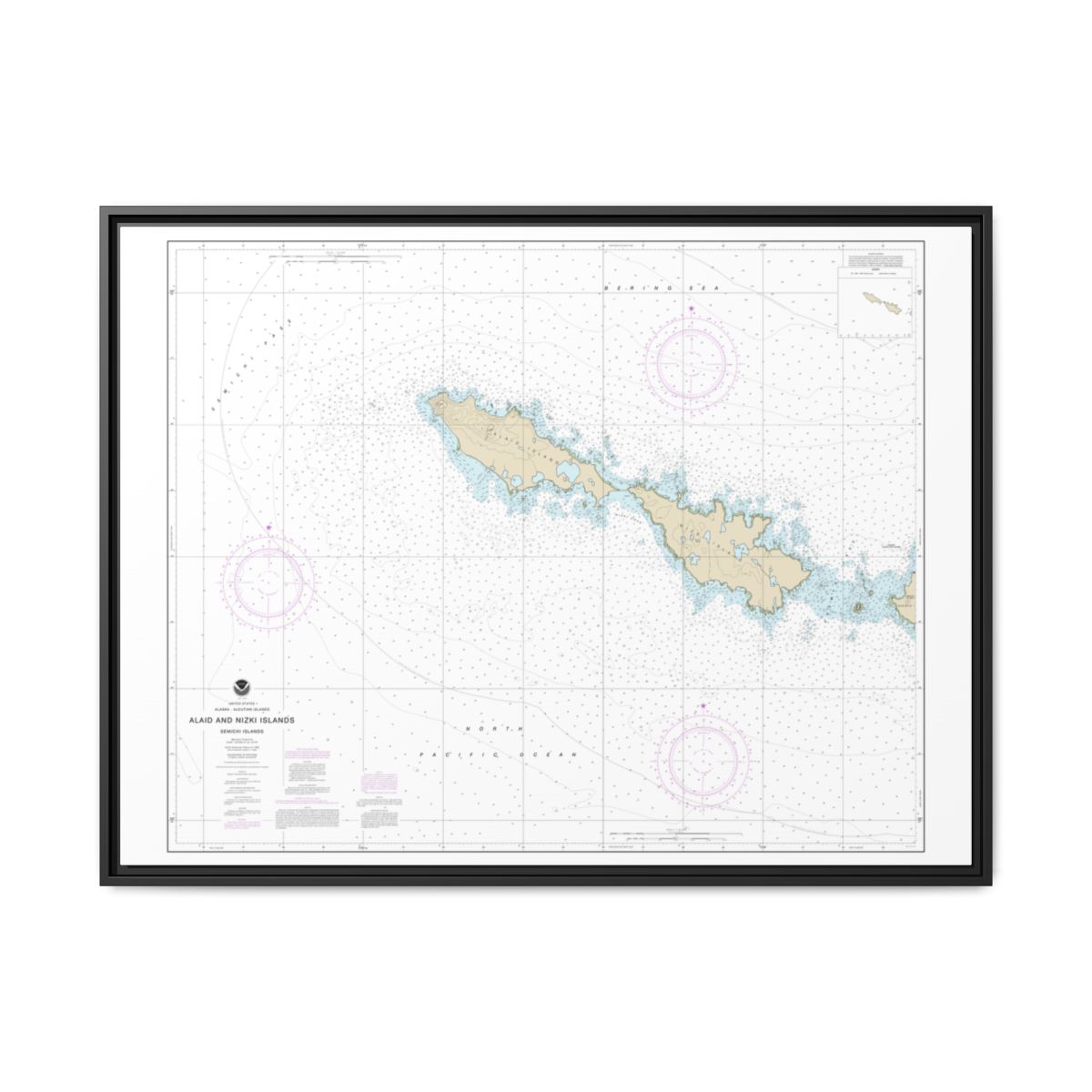 Chart 16435 Semichi Islands Alaid and Nizki Islands - NOAA Nautical Chart Floating Frame Canvas | 32" x 24" | 40" x 30" - Black front