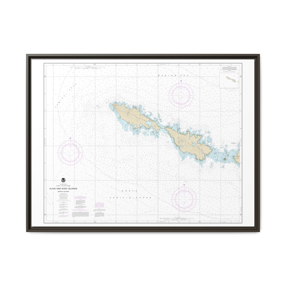 Chart 16435 Semichi Islands Alaid and Nizki Islands - NOAA Nautical Chart Floating Frame Canvas | 32" x 24" | 40" x 30" - Espresso front