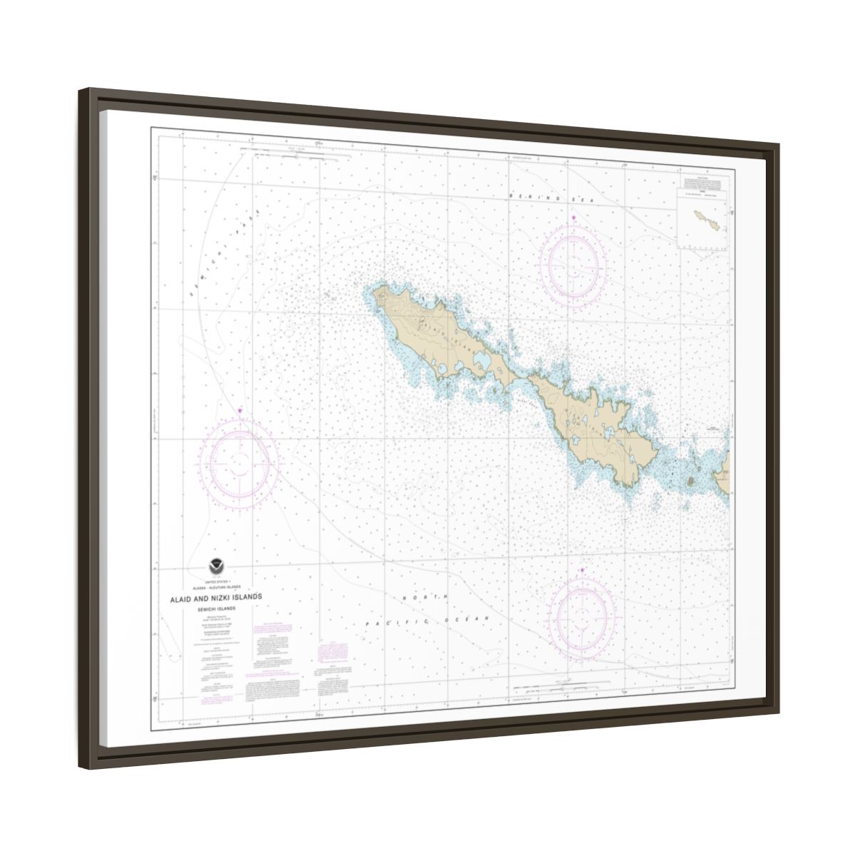 Chart 16435 Semichi Islands Alaid and Nizki Islands - NOAA Nautical Chart Floating Frame Canvas | 32" x 24" | 40" x 30" - Espresso side