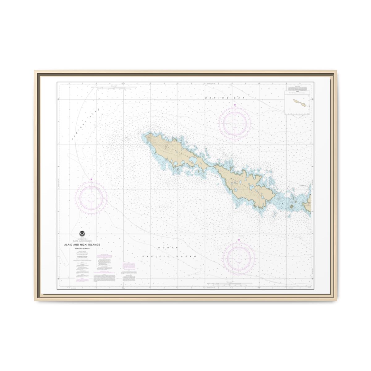 Chart 16435 Semichi Islands Alaid and Nizki Islands - NOAA Nautical Chart Floating Frame Canvas | 32" x 24" | 40" x 30" - Natural front