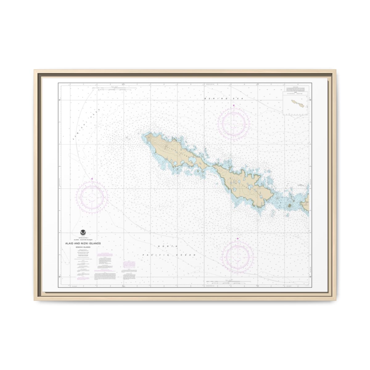 Chart 16435 Semichi Islands Alaid and Nizki Islands - NOAA Nautical Chart Floating Frame Canvas | 32" x 24" | 40" x 30" - Natural front