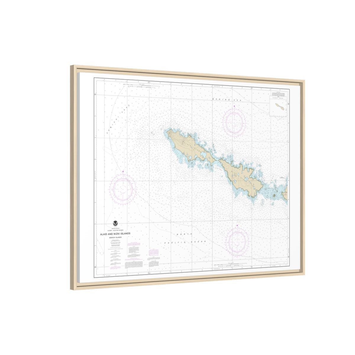 Chart 16435 Semichi Islands Alaid and Nizki Islands - NOAA Nautical Chart Floating Frame Canvas | 32" x 24" | 40" x 30" - Natural side