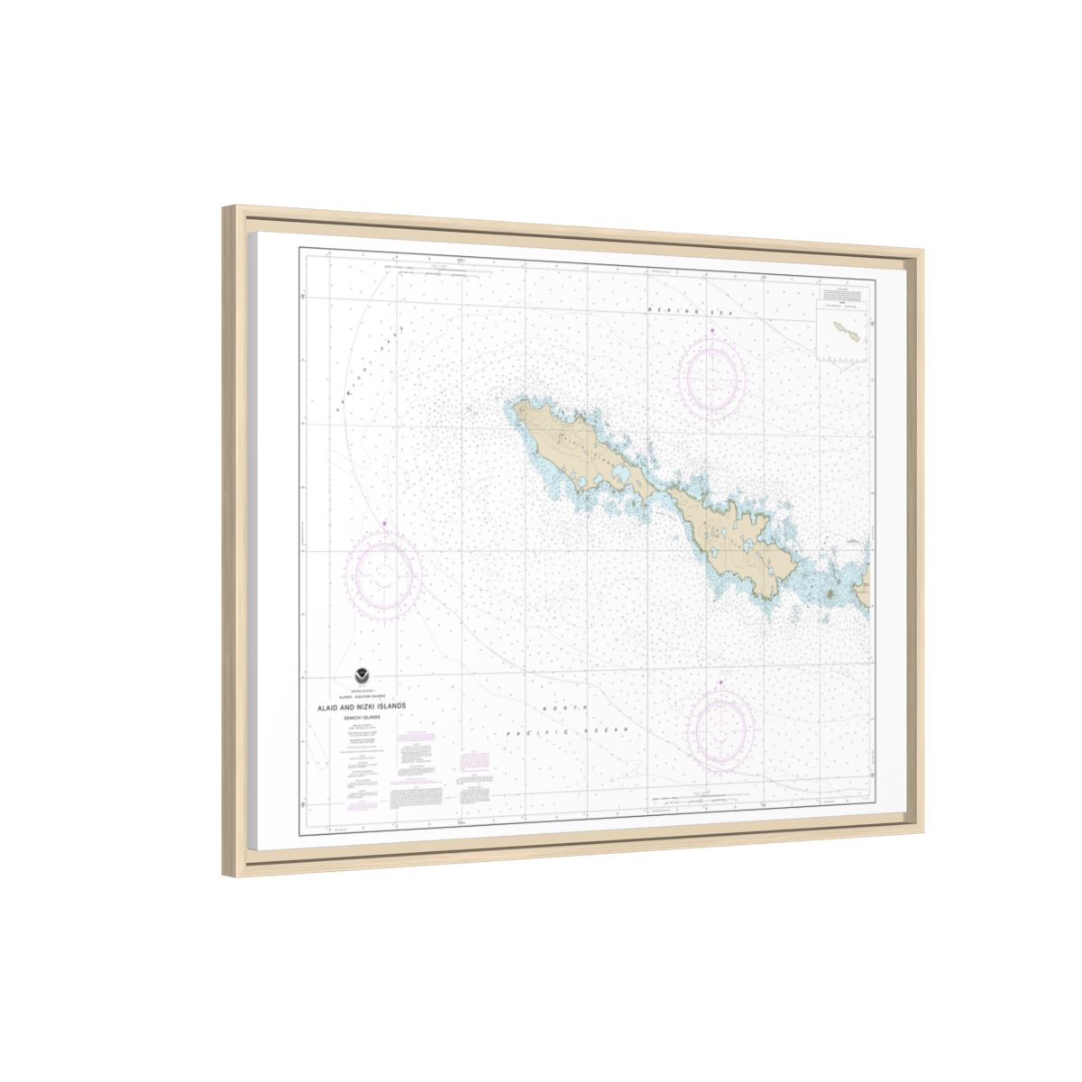 Chart 16435 Semichi Islands Alaid and Nizki Islands - NOAA Nautical Chart Floating Frame Canvas | 32" x 24" | 40" x 30" - Natural side