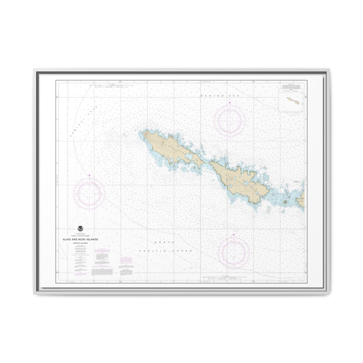 Chart 16435 Semichi Islands Alaid and Nizki Islands - NOAA Nautical Chart Floating Frame Canvas | 32" x 24" | 40" x 30" - White front