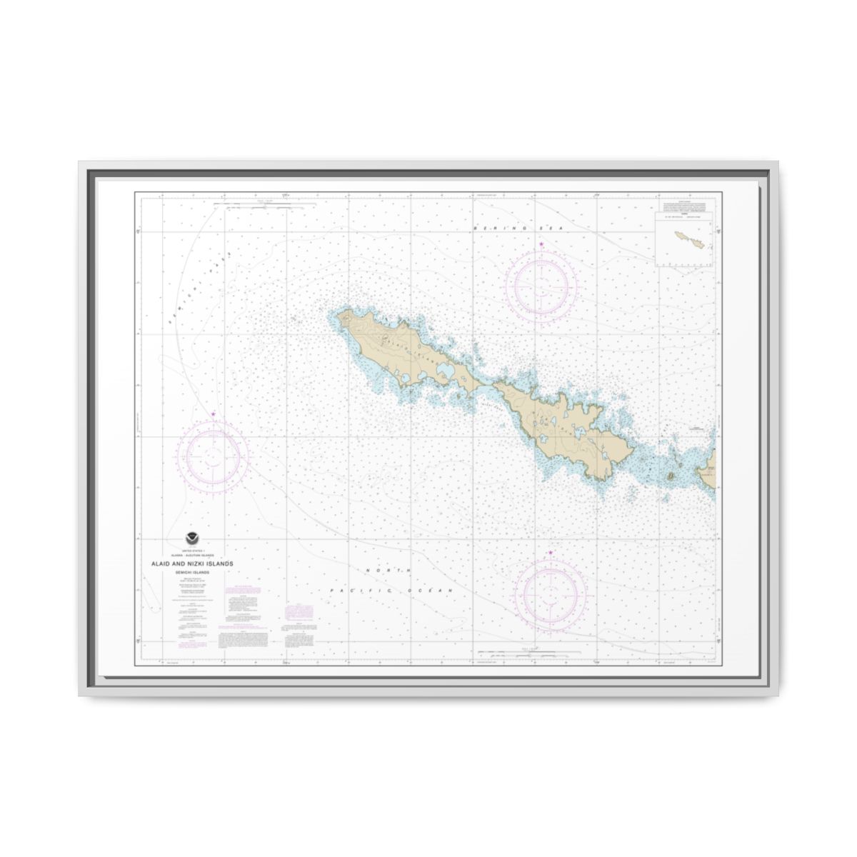 Chart 16435 Semichi Islands Alaid and Nizki Islands - NOAA Nautical Chart Floating Frame Canvas | 32" x 24" | 40" x 30" - White front