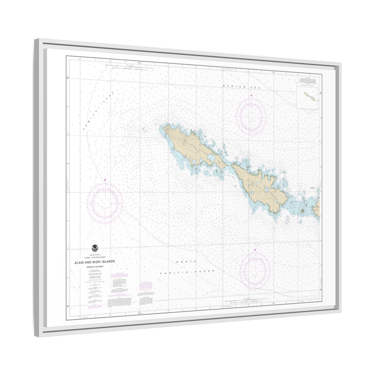 Chart 16435 Semichi Islands Alaid and Nizki Islands - NOAA Nautical Chart Floating Frame Canvas | 32" x 24" | 40" x 30" - White side