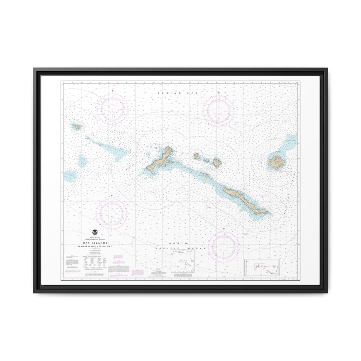 Chart 16440 Rat Islands Semisopochnoi Island to Buldir l. - NOAA Nautical Chart Floating Frame Canvas | 32" x 24" | 40" x 30" - Black front
