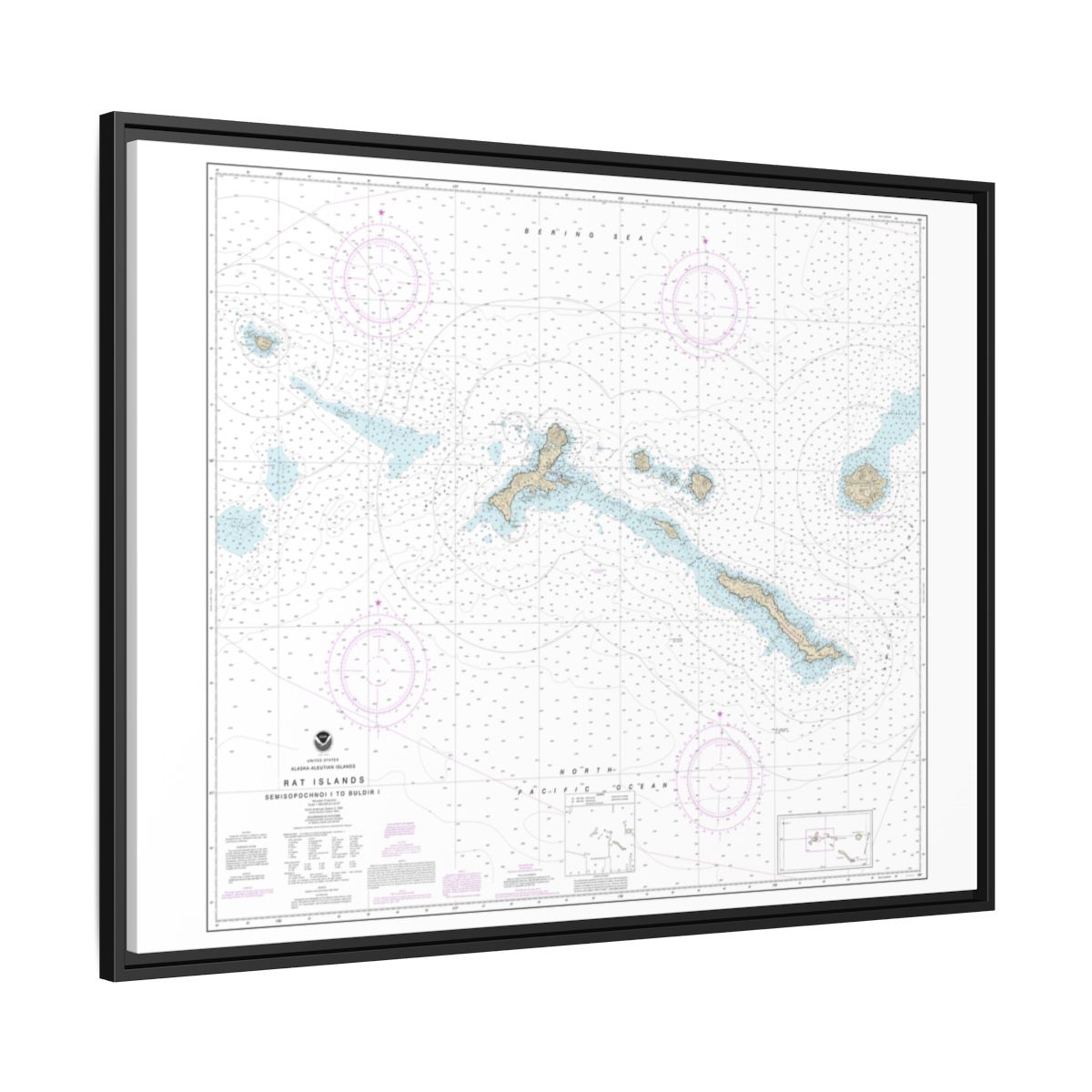 Chart 16440 Rat Islands Semisopochnoi Island to Buldir l. - NOAA Nautical Chart Floating Frame Canvas | 32" x 24" | 40" x 30" - Black side