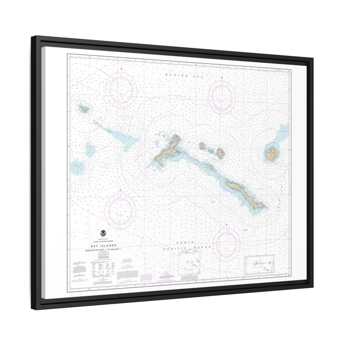 Chart 16440 Rat Islands Semisopochnoi Island to Buldir l. - NOAA Nautical Chart Floating Frame Canvas | 32" x 24" | 40" x 30" - Black side