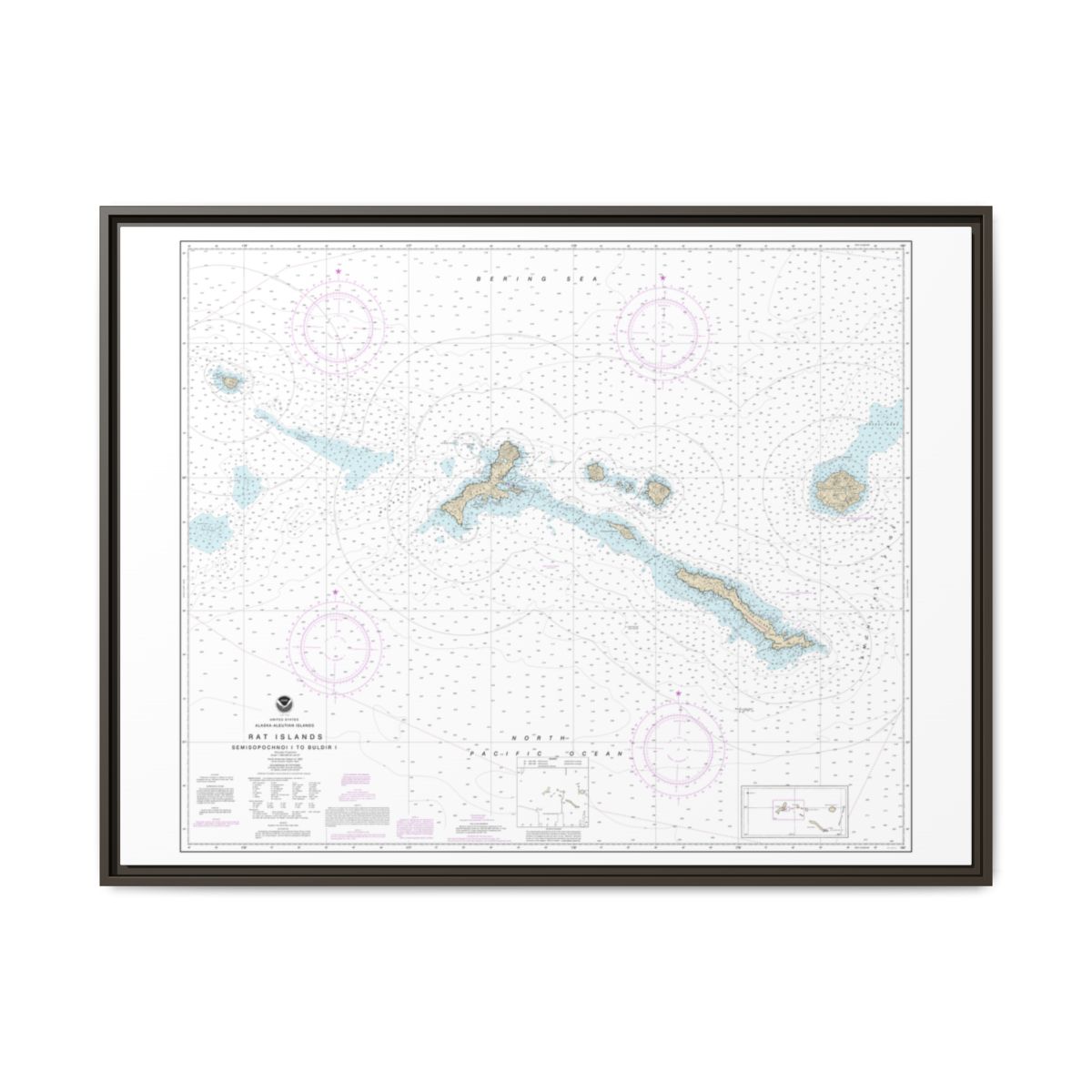 Chart 16440 Rat Islands Semisopochnoi Island to Buldir l. - NOAA Nautical Chart Floating Frame Canvas | 32" x 24" | 40" x 30" - Espresso front