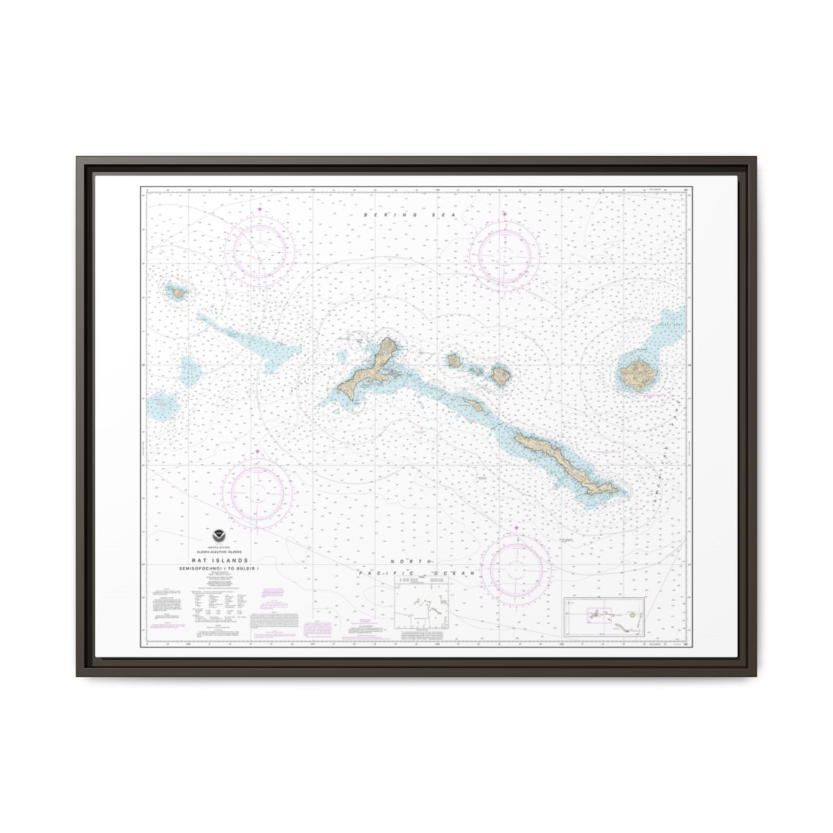 Chart 16440 Rat Islands Semisopochnoi Island to Buldir l. - NOAA Nautical Chart Floating Frame Canvas | 32" x 24" | 40" x 30" - Espresso front