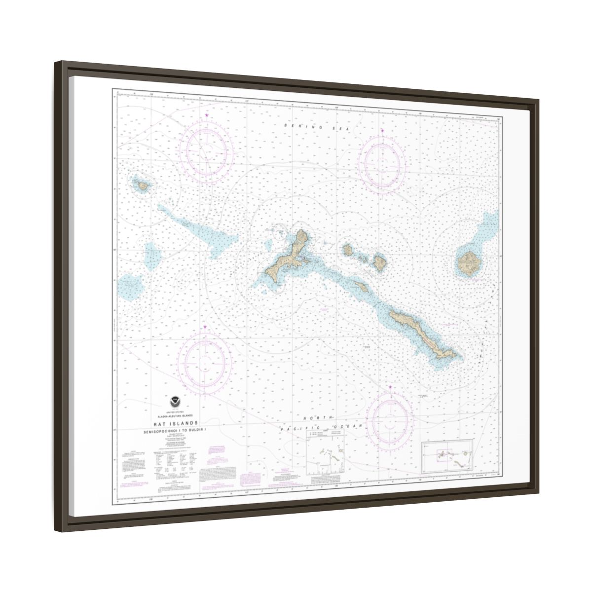 Chart 16440 Rat Islands Semisopochnoi Island to Buldir l. - NOAA Nautical Chart Floating Frame Canvas | 32" x 24" | 40" x 30" - Espresso side