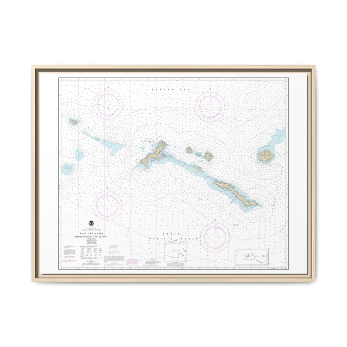Chart 16440 Rat Islands Semisopochnoi Island to Buldir l. - NOAA Nautical Chart Floating Frame Canvas | 32" x 24" | 40" x 30" - Natural front