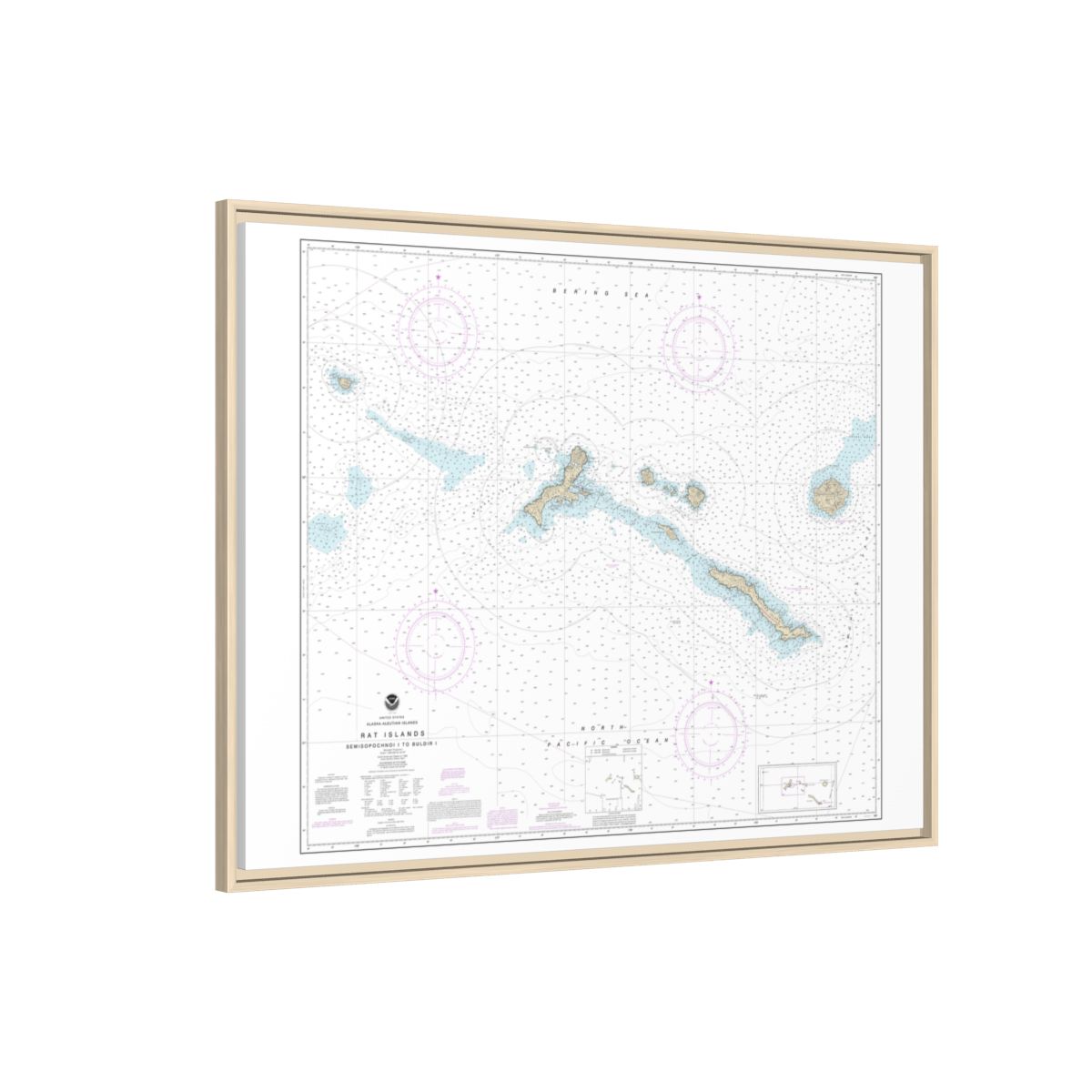 Chart 16440 Rat Islands Semisopochnoi Island to Buldir l. - NOAA Nautical Chart Floating Frame Canvas | 32" x 24" | 40" x 30" - Natural side