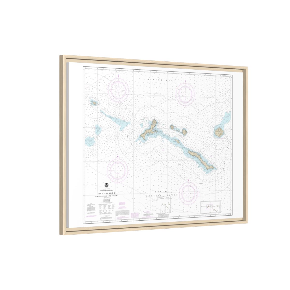 Chart 16440 Rat Islands Semisopochnoi Island to Buldir l. - NOAA Nautical Chart Floating Frame Canvas | 32" x 24" | 40" x 30" - Natural side