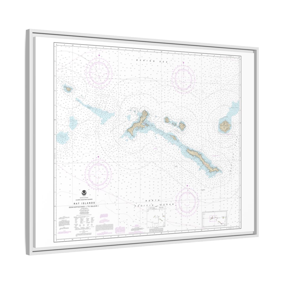 Chart 16440 Rat Islands Semisopochnoi Island to Buldir l. - NOAA Nautical Chart Floating Frame Canvas | 32" x 24" | 40" x 30" - White side