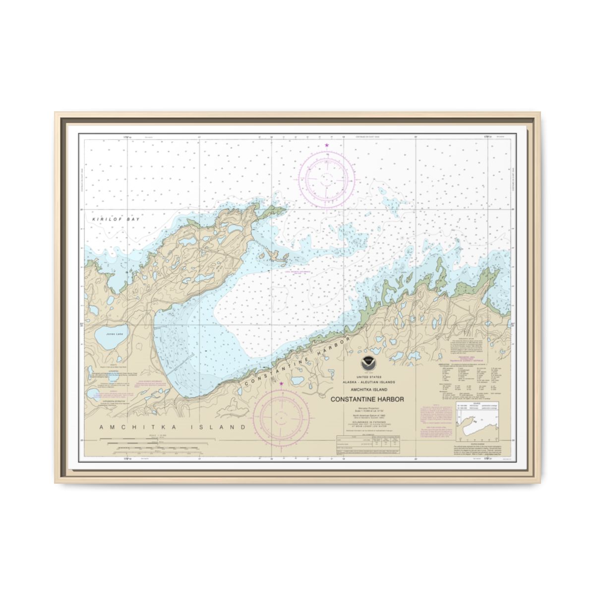 Chart 16446 Constantine Harbor, Amchitka Island - NOAA Nautical Chart Floating Frame Canvas | 32" x 24" | 40" x 30" - Natural front