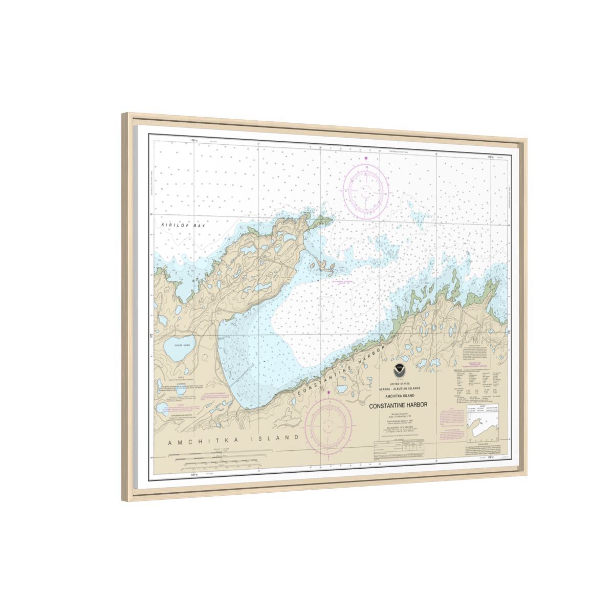 Chart 16446 Constantine Harbor, Amchitka Island - NOAA Nautical Chart Floating Frame Canvas | 32" x 24" | 40" x 30" - Natural side