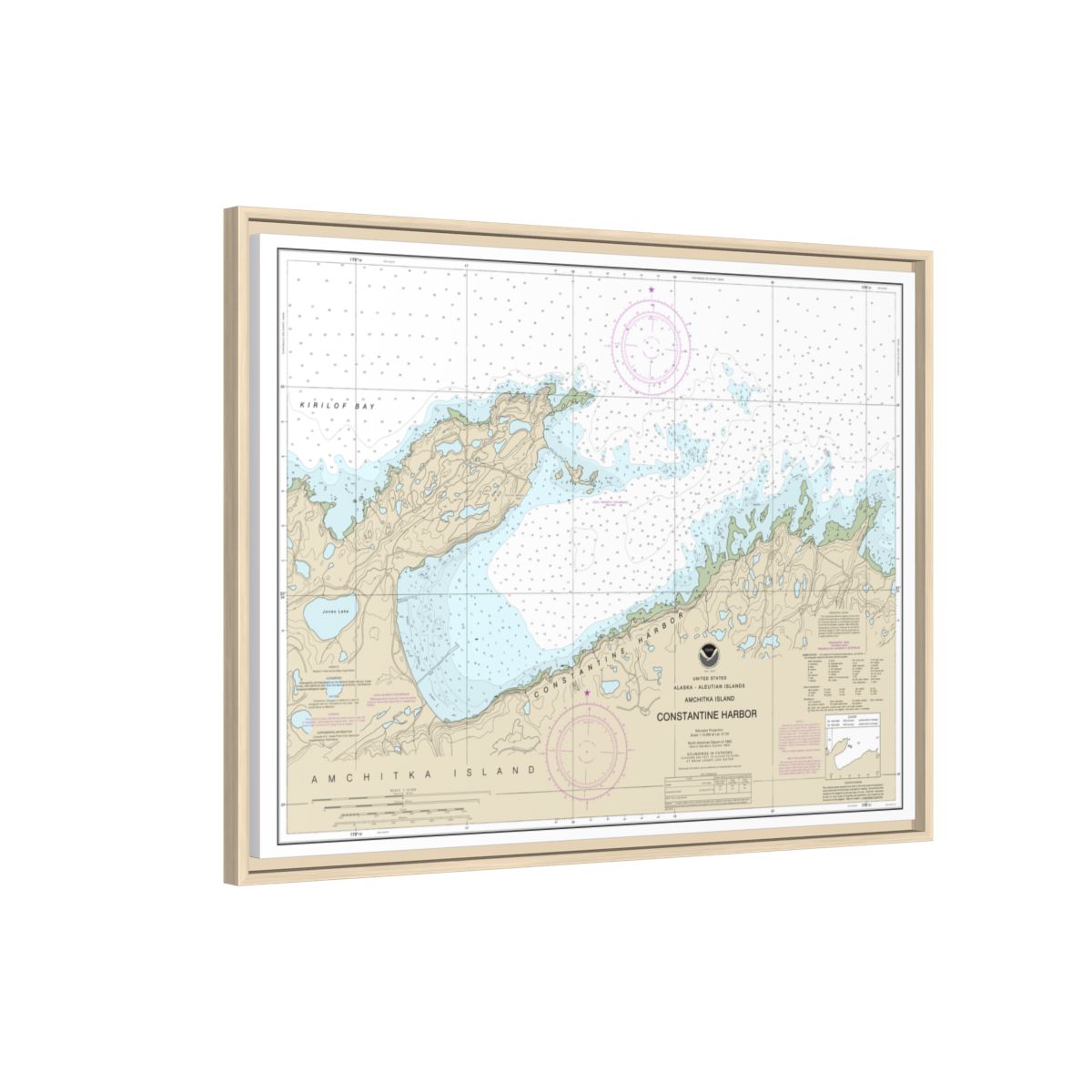 Chart 16446 Constantine Harbor, Amchitka Island - NOAA Nautical Chart Floating Frame Canvas | 32" x 24" | 40" x 30" - Natural side