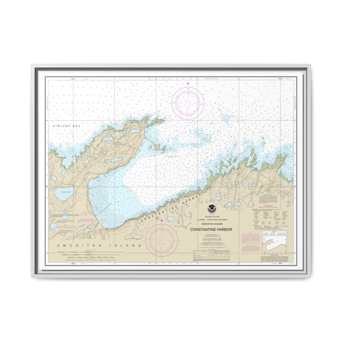 Chart 16446 Constantine Harbor, Amchitka Island - NOAA Nautical Chart Floating Frame Canvas | 32" x 24" | 40" x 30" - White front