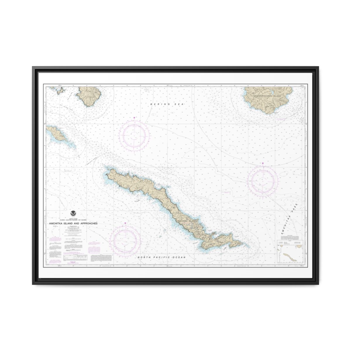 Chart 16450 Amchitka Island and Approaches - NOAA Nautical Chart Floating Frame Canvas | 32" x 24" | 40" x 30" - Black front