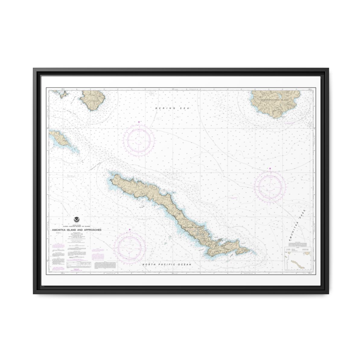 Chart 16450 Amchitka Island and Approaches - NOAA Nautical Chart Floating Frame Canvas | 32" x 24" | 40" x 30" - Black front