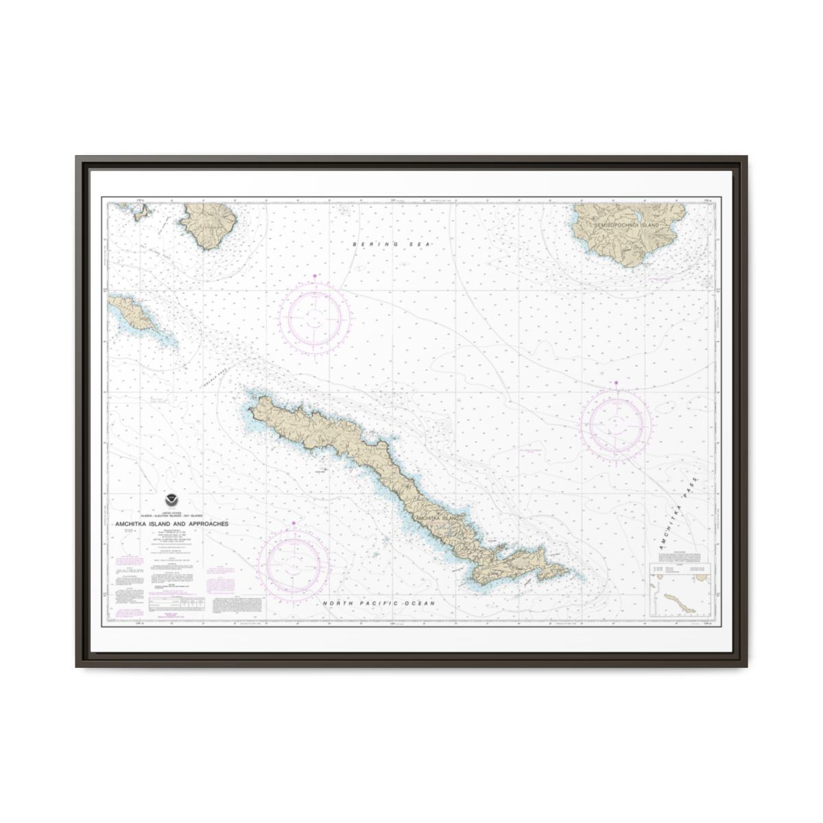 Chart 16450 Amchitka Island and Approaches - NOAA Nautical Chart Floating Frame Canvas | 32" x 24" | 40" x 30" - Espresso front