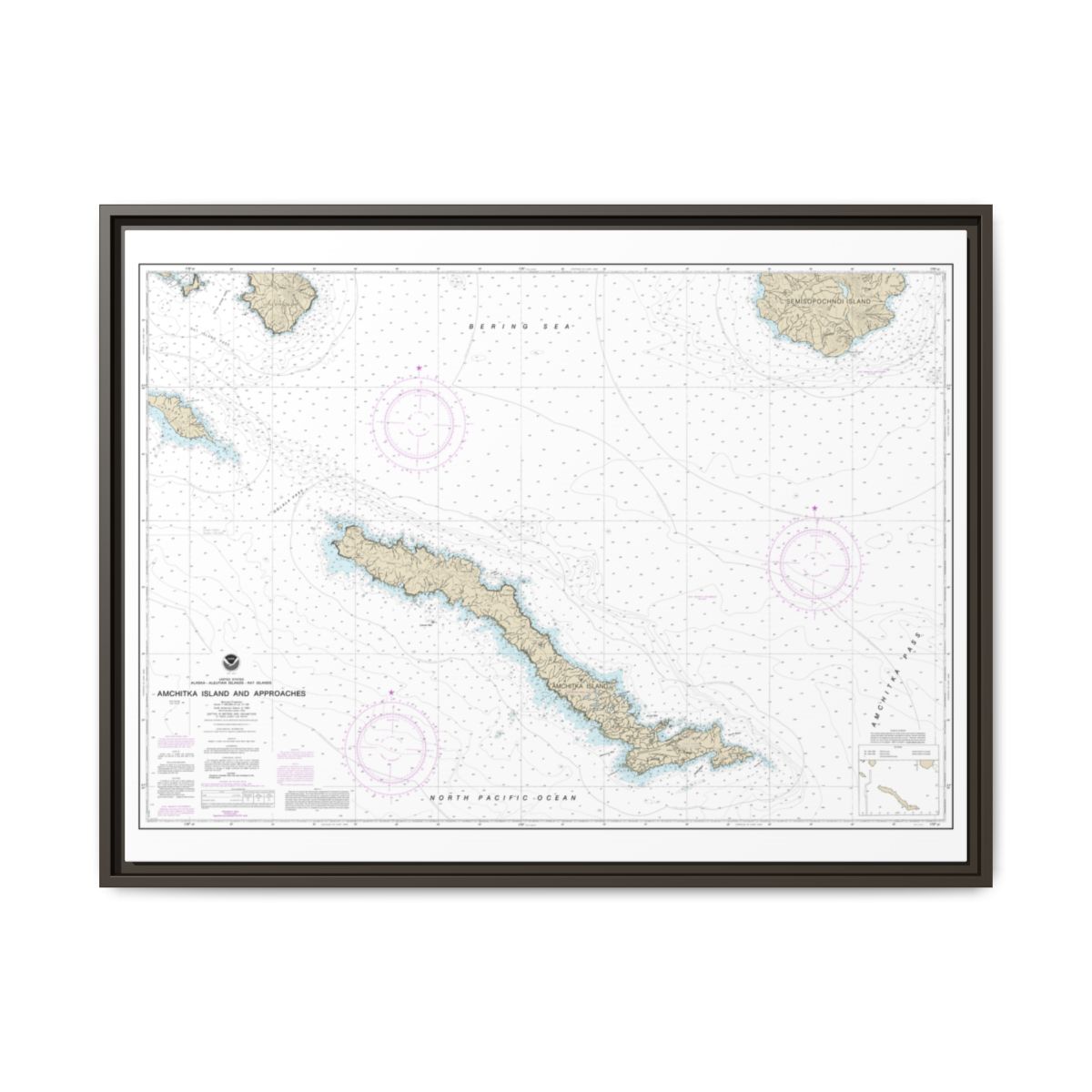 Chart 16450 Amchitka Island and Approaches - NOAA Nautical Chart Floating Frame Canvas | 32" x 24" | 40" x 30" - Espresso front