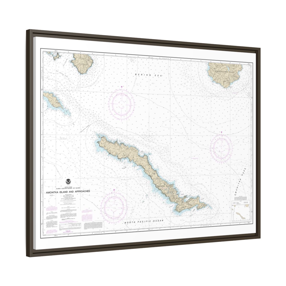 Chart 16450 Amchitka Island and Approaches - NOAA Nautical Chart Floating Frame Canvas | 32" x 24" | 40" x 30" - Espresso side