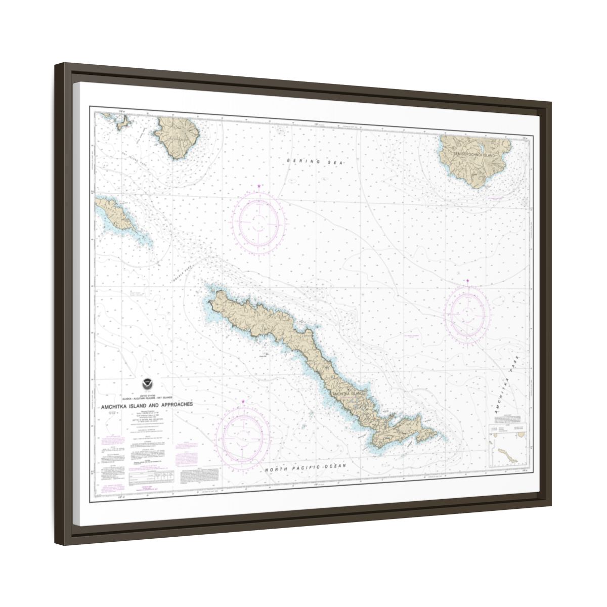 Chart 16450 Amchitka Island and Approaches - NOAA Nautical Chart Floating Frame Canvas | 32" x 24" | 40" x 30" - Espresso side