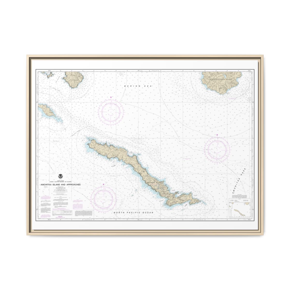 Chart 16450 Amchitka Island and Approaches - NOAA Nautical Chart Floating Frame Canvas | 32" x 24" | 40" x 30" - Natural front