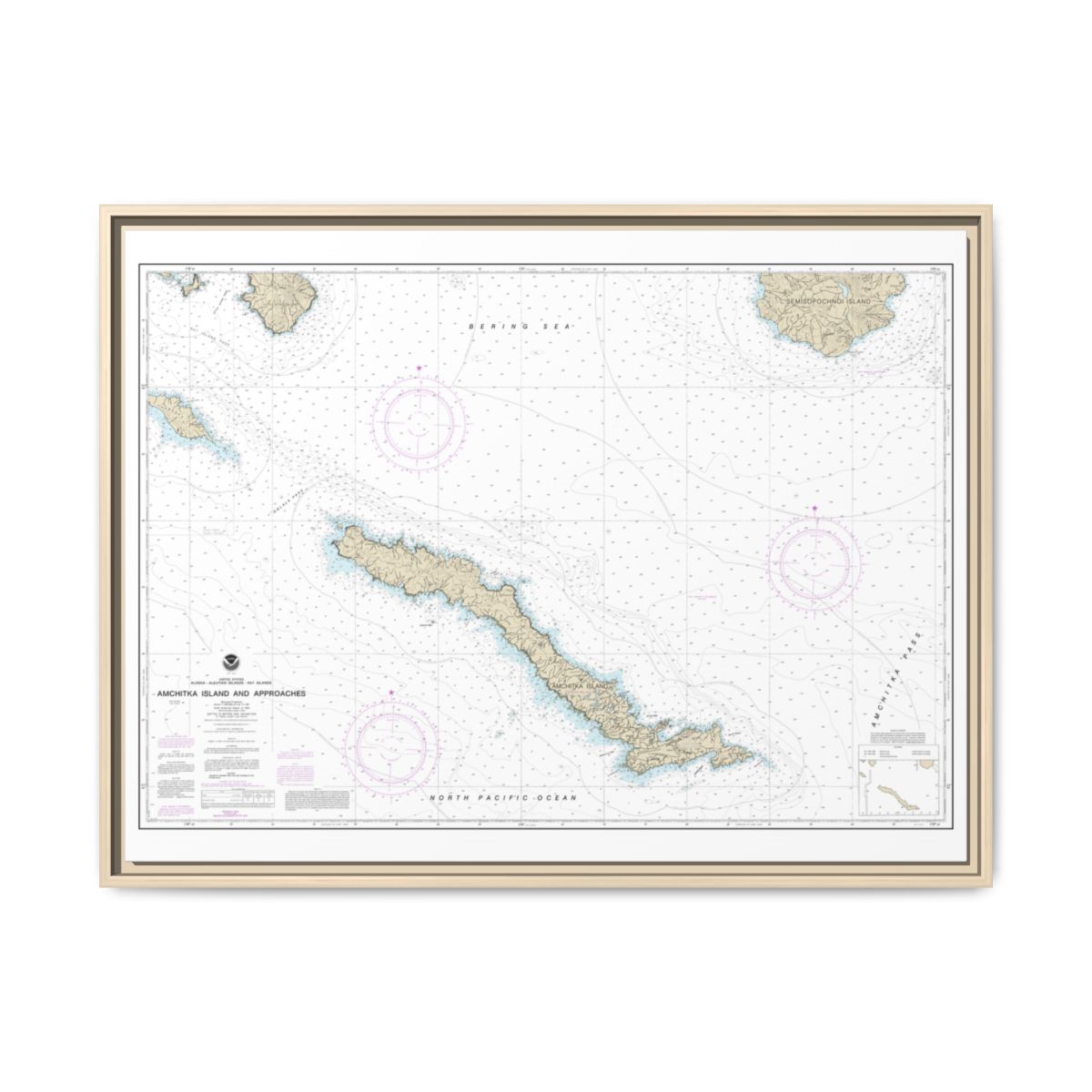 Chart 16450 Amchitka Island and Approaches - NOAA Nautical Chart Floating Frame Canvas | 32" x 24" | 40" x 30" - Natural front