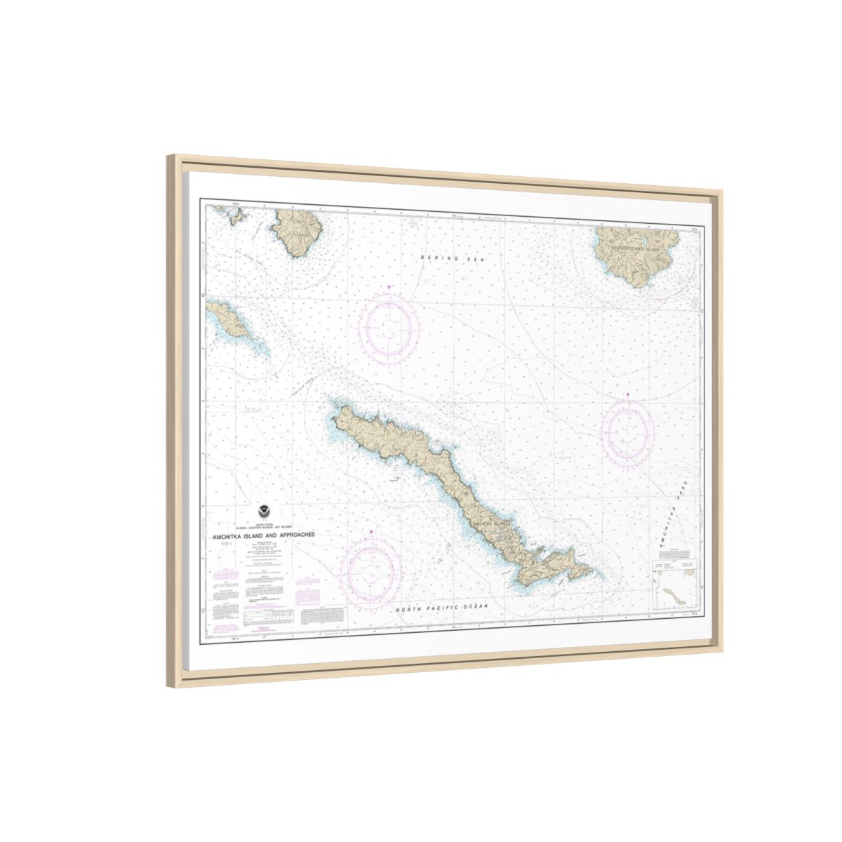 Chart 16450 Amchitka Island and Approaches - NOAA Nautical Chart Floating Frame Canvas | 32" x 24" | 40" x 30" - Natural side