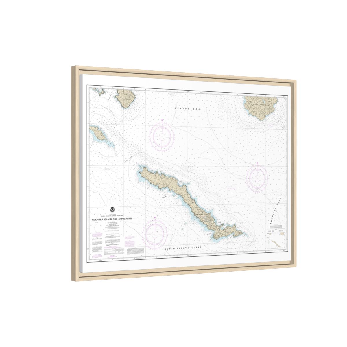 Chart 16450 Amchitka Island and Approaches - NOAA Nautical Chart Floating Frame Canvas | 32" x 24" | 40" x 30" - Natural side