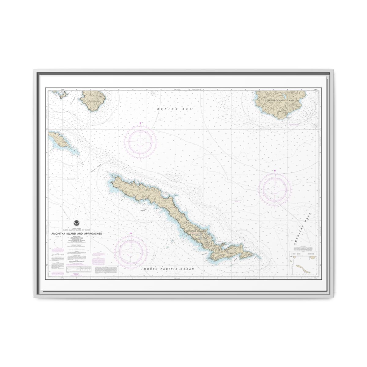 Chart 16450 Amchitka Island and Approaches - NOAA Nautical Chart Floating Frame Canvas | 32" x 24" | 40" x 30" - White front