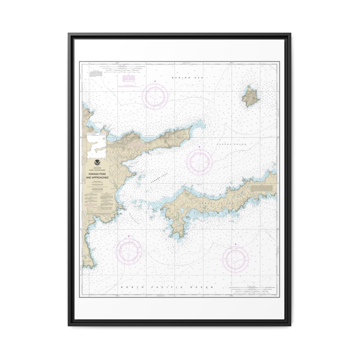 Chart 16463 Kanaga Pass and approaches - NOAA Nautical Chart Floating Frame Canvas | 24" x 32" | 30" x 40" - Black front