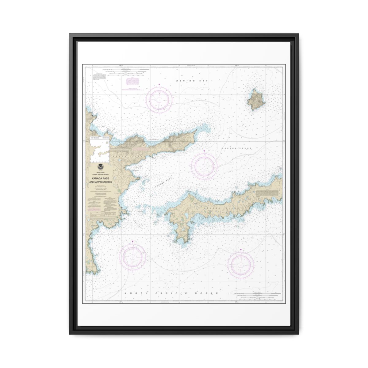 Chart 16463 Kanaga Pass and approaches - NOAA Nautical Chart Floating Frame Canvas | 24" x 32" | 30" x 40" - Black front