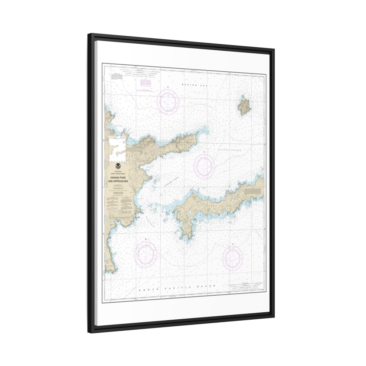 Chart 16463 Kanaga Pass and approaches - NOAA Nautical Chart Floating Frame Canvas | 24" x 32" | 30" x 40" - Black side