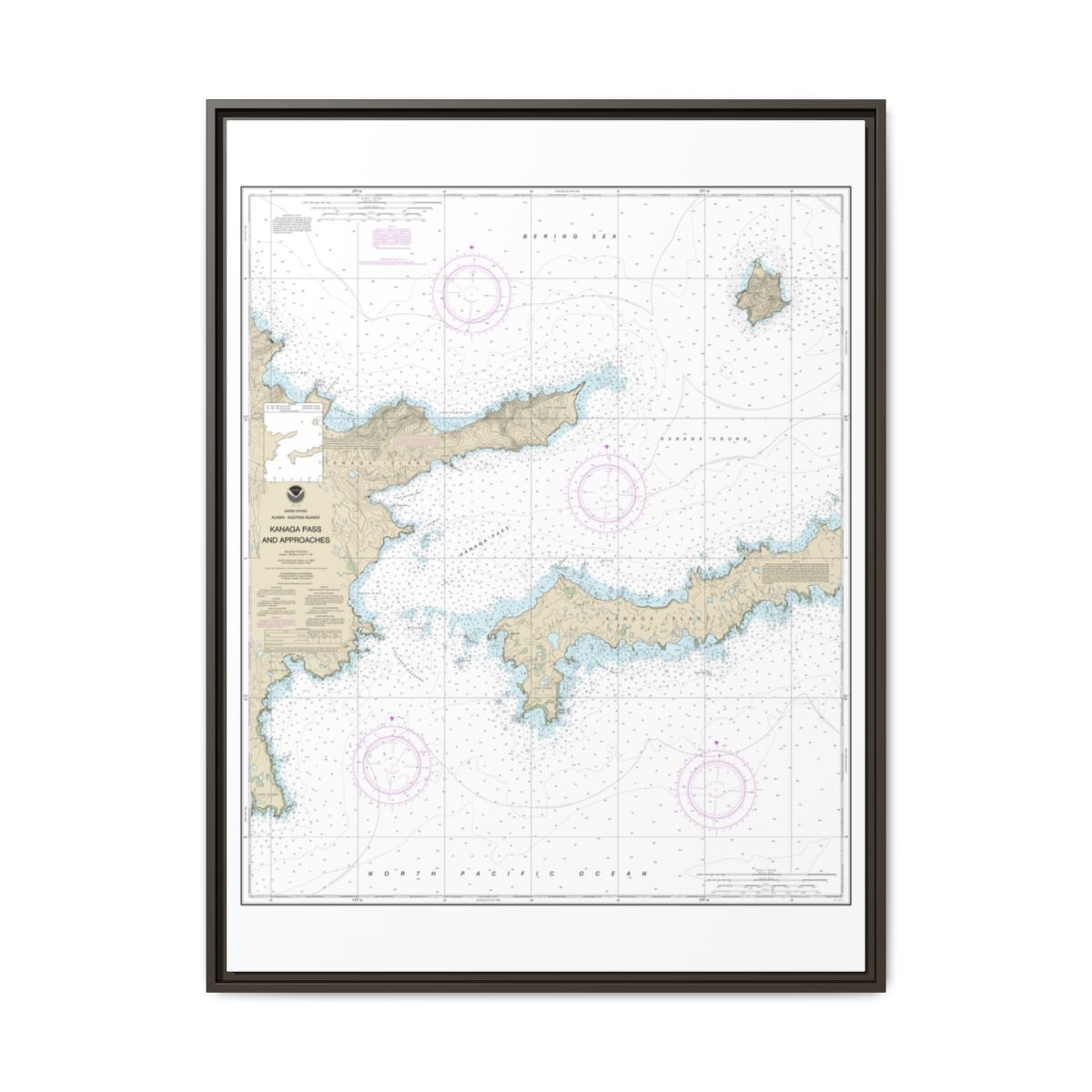 Chart 16463 Kanaga Pass and approaches - NOAA Nautical Chart Floating Frame Canvas | 24" x 32" | 30" x 40" - Espresso front