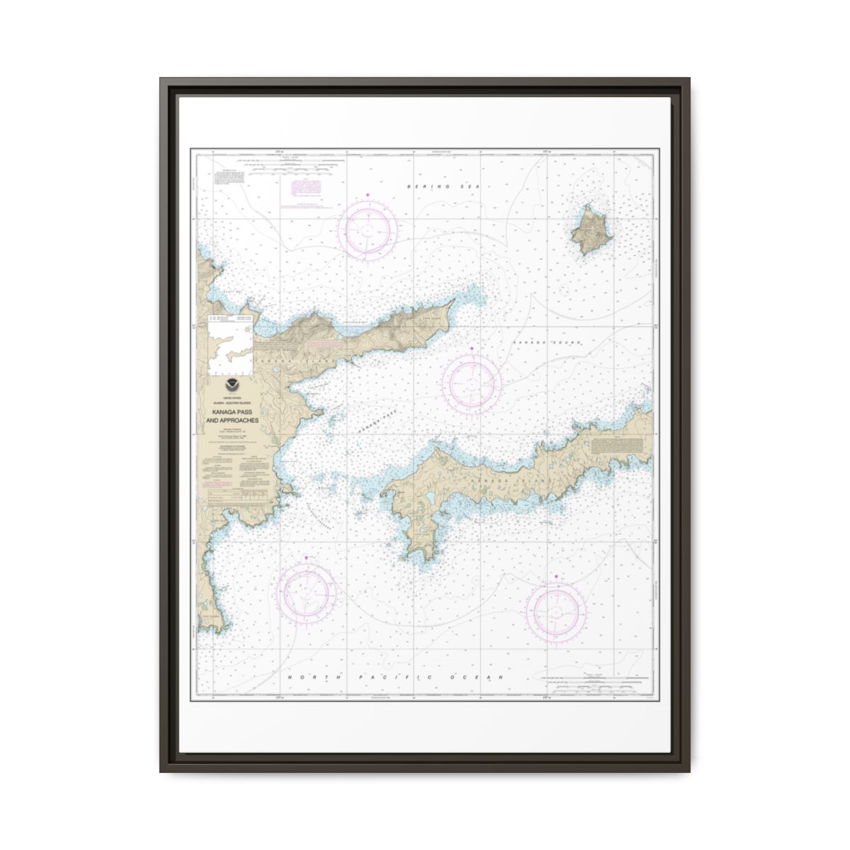 Chart 16463 Kanaga Pass and approaches - NOAA Nautical Chart Floating Frame Canvas | 24" x 32" | 30" x 40" - Espresso front