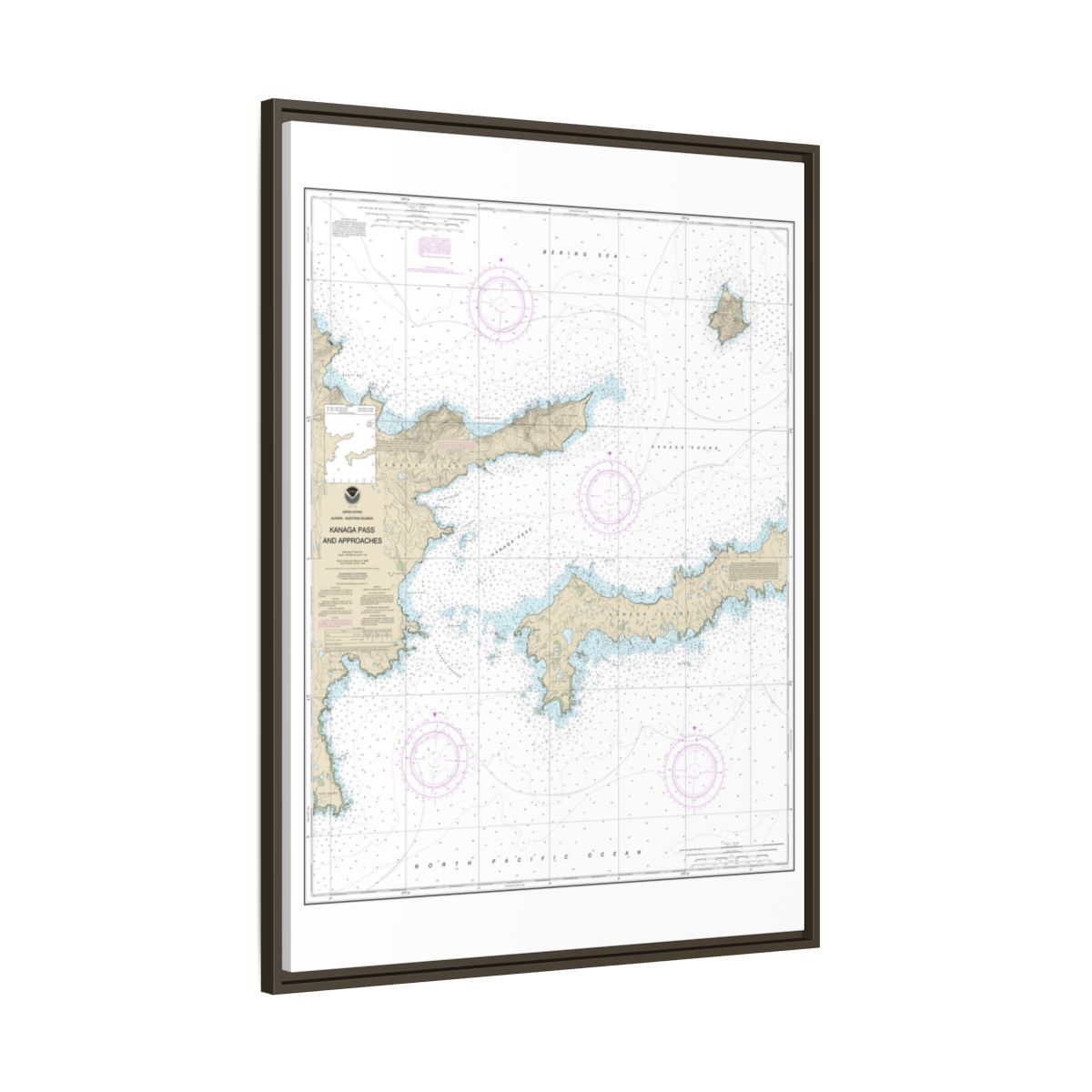 Chart 16463 Kanaga Pass and approaches - NOAA Nautical Chart Floating Frame Canvas | 24" x 32" | 30" x 40" - Espresso side