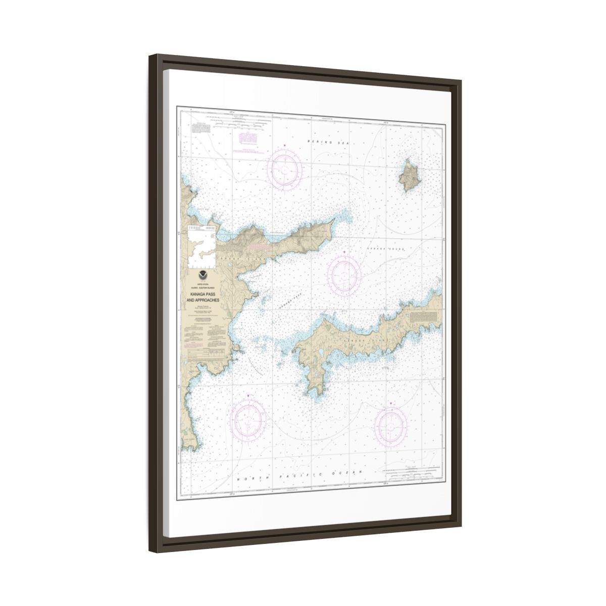 Chart 16463 Kanaga Pass and approaches - NOAA Nautical Chart Floating Frame Canvas | 24" x 32" | 30" x 40" - Espresso side