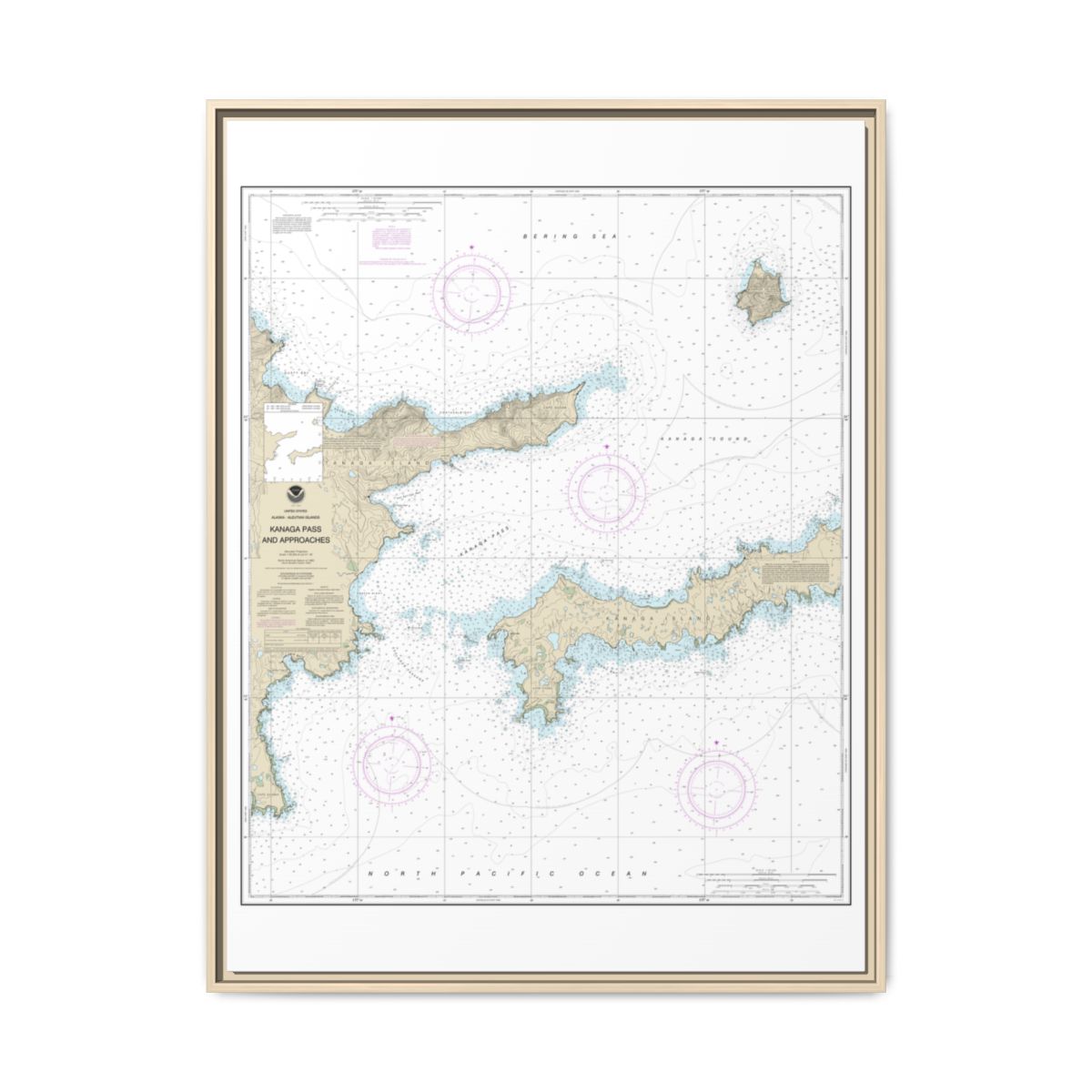 Chart 16463 Kanaga Pass and approaches - NOAA Nautical Chart Floating Frame Canvas | 24" x 32" | 30" x 40" - Natural front