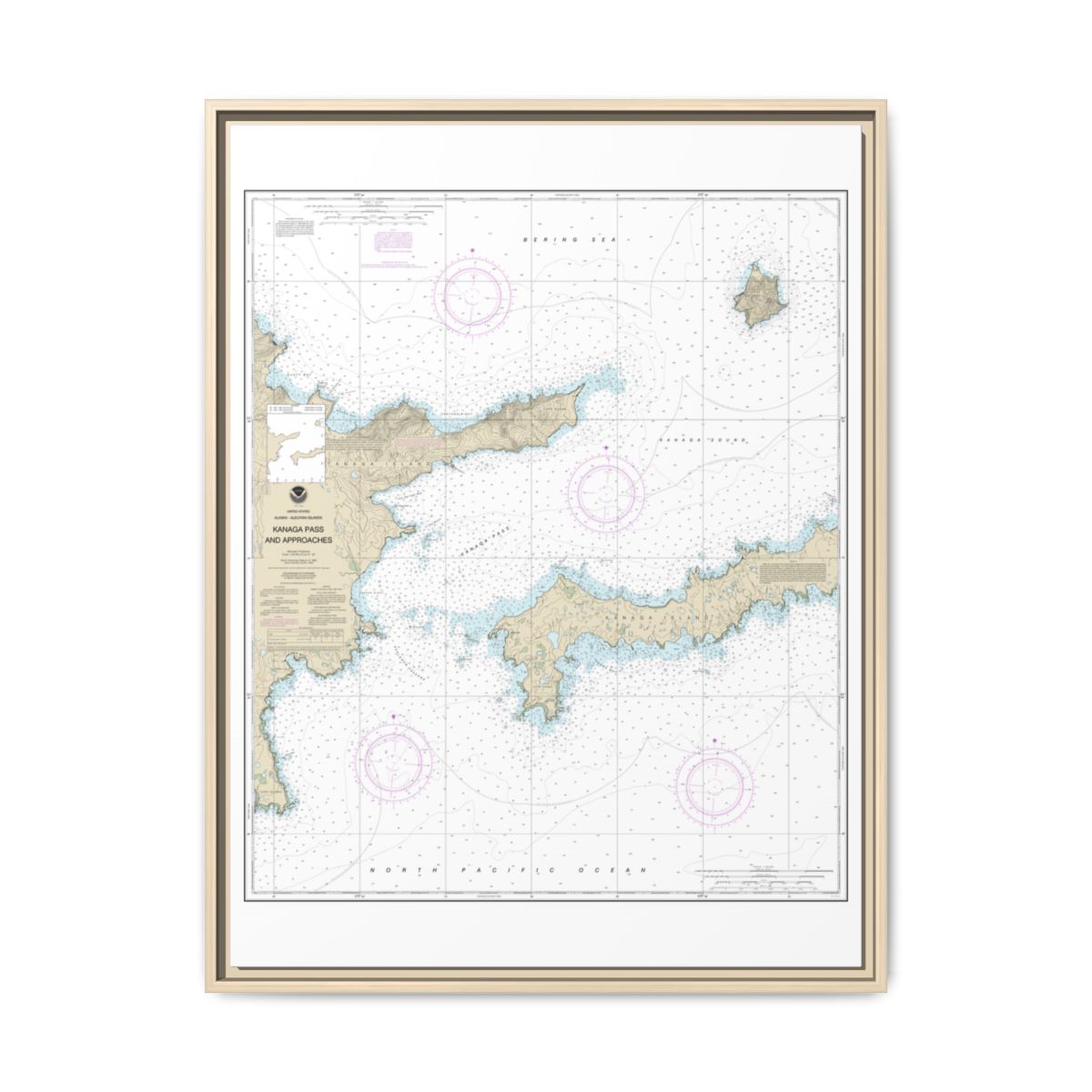 Chart 16463 Kanaga Pass and approaches - NOAA Nautical Chart Floating Frame Canvas | 24" x 32" | 30" x 40" - Natural front